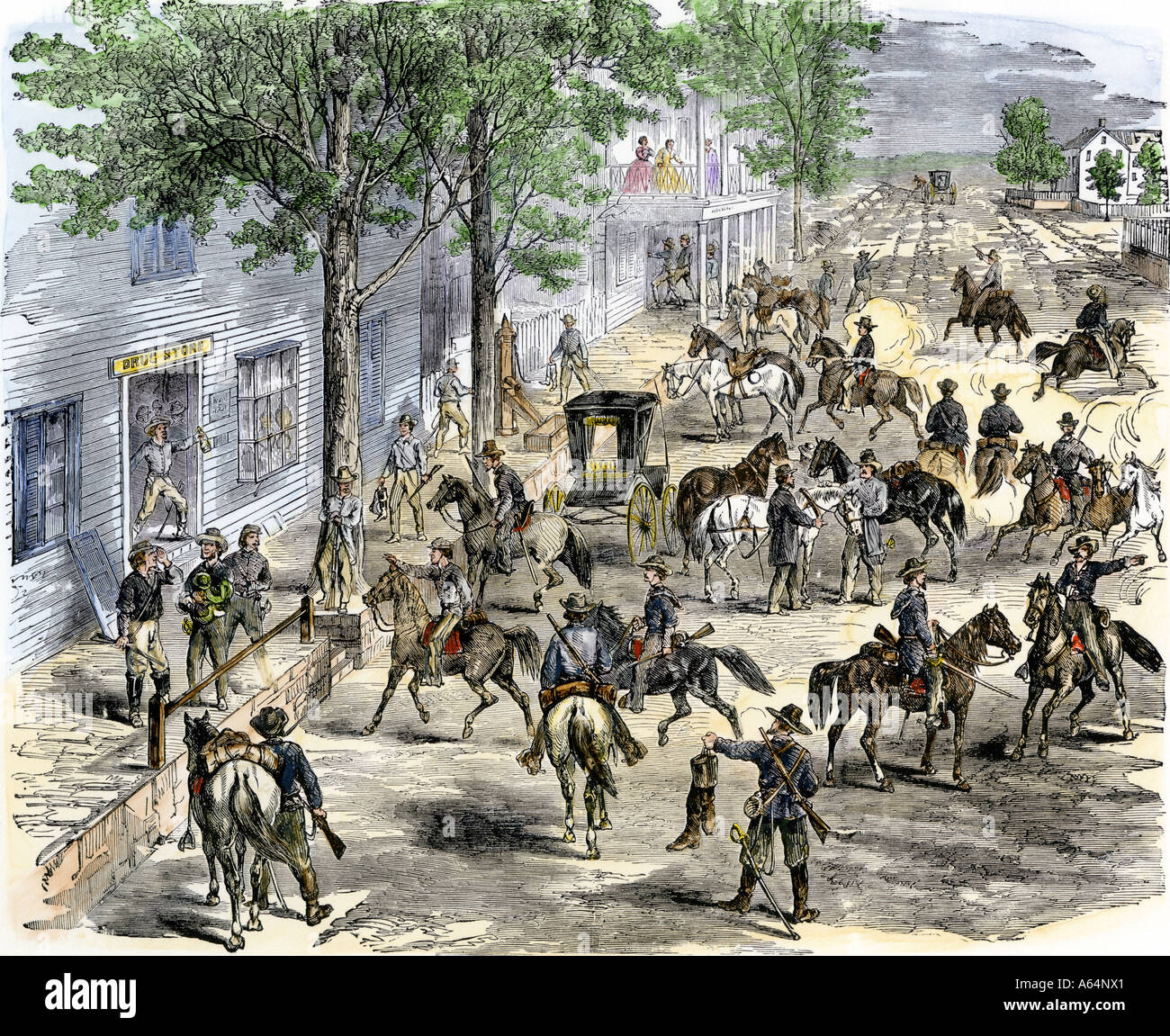 Cavalerie confédérée à sac New Windsor Maryland pendant la guerre de Sécession. À la main, gravure sur bois Banque D'Images