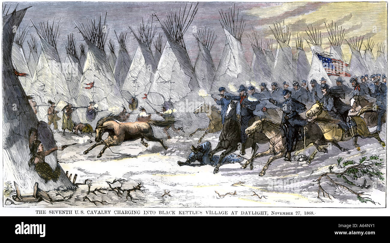 Le Colonel John Chivington qui nous massacre de cavalerie Chef Black Kettle et un village de friendly indiens à Sand Creek, 1864. À la main, gravure sur bois Banque D'Images