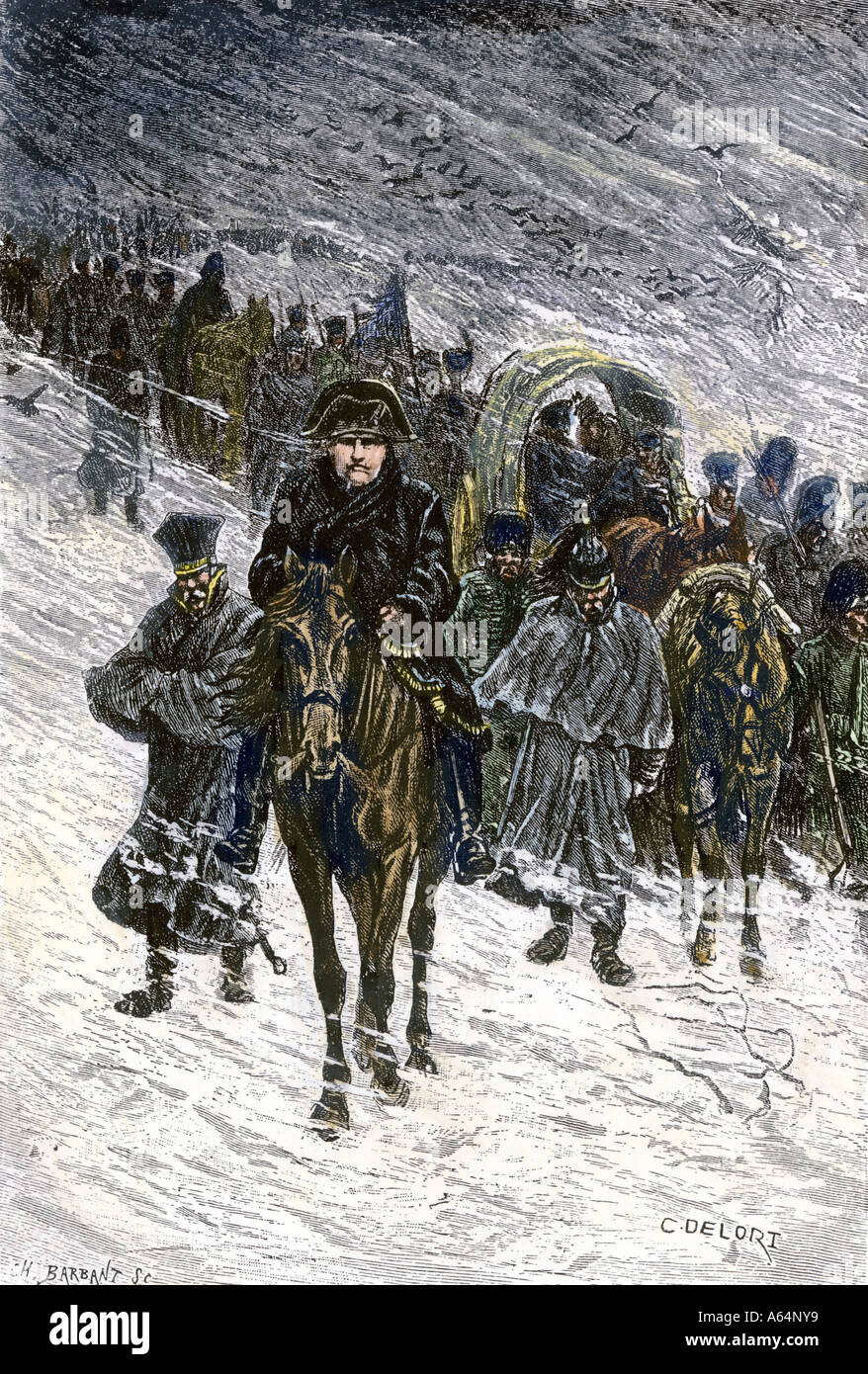 Retraite hivernale de Napoléon et l'armée française de Moscou en 1812. À la main, gravure sur bois Banque D'Images