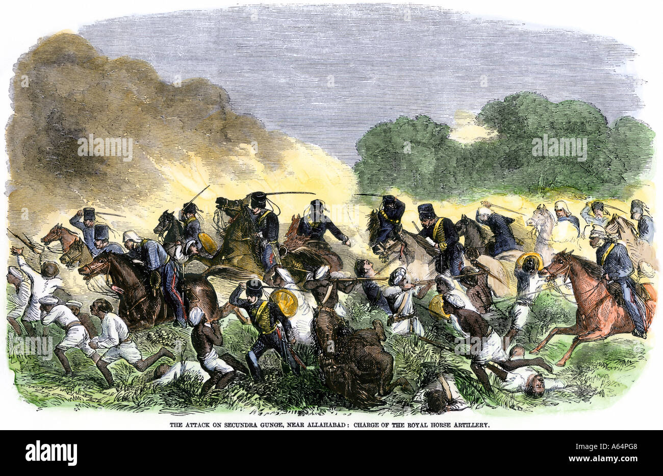 British Royal Horse Artillery charge contre démonté autochtones près de Allahbad en Inde pendant la révolte Sepoy 1857. À la main, gravure sur bois Banque D'Images