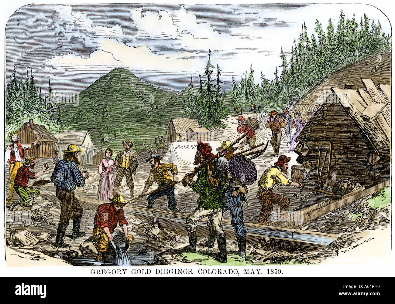 Les prospecteurs d'or travail Gregory creusements dans le Colorado Rockies 1859. À la main, gravure sur bois Banque D'Images