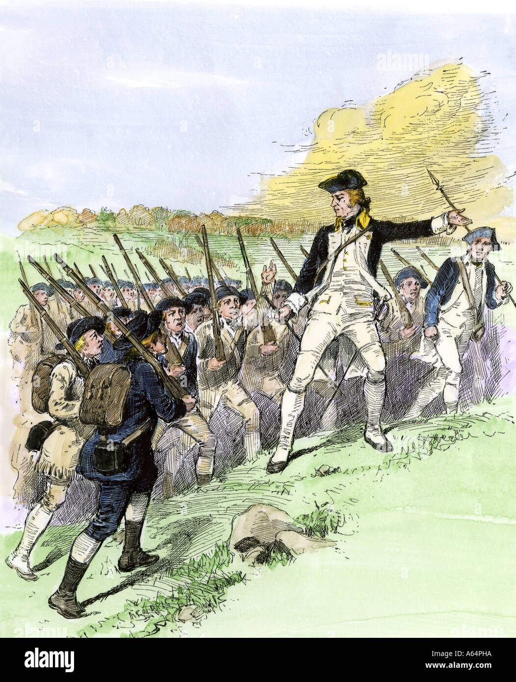 Le Général John Stark menant la milice du New Hampshire à la bataille de Bennington Vermont 1777. À la main, gravure sur bois Banque D'Images