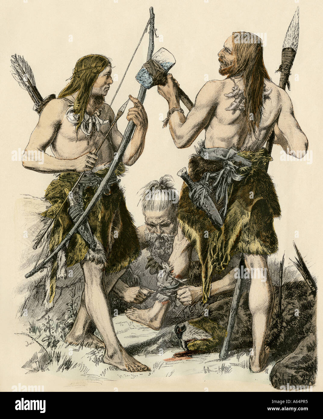 Des chasseurs européens de l'âge de pierre. Impression couleur à la main Banque D'Images