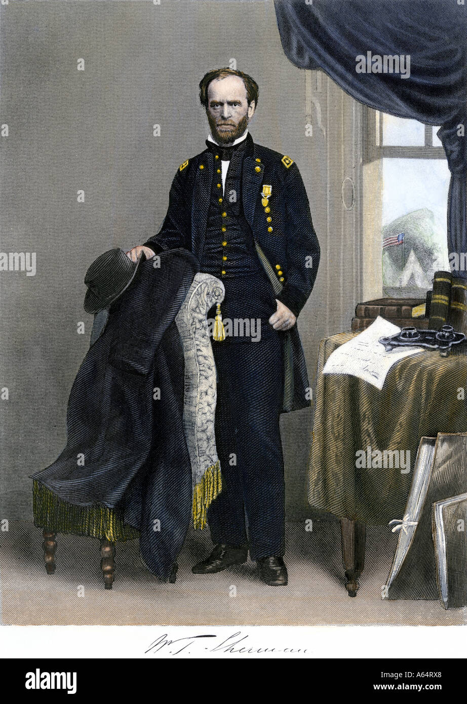 Général de l'Union William Tecumseh Sherman dans la guerre civile uniforme. À la main, gravure sur acier Banque D'Images