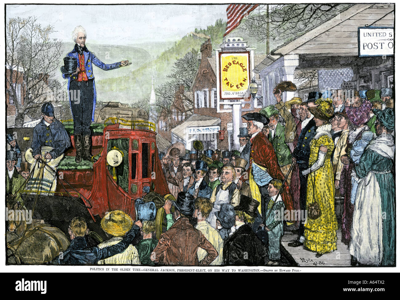 Président Andrew Jackson fait un discours sur son chemin à Washington DC. À la main, gravure sur bois d'un Howard Pyle illustration Banque D'Images