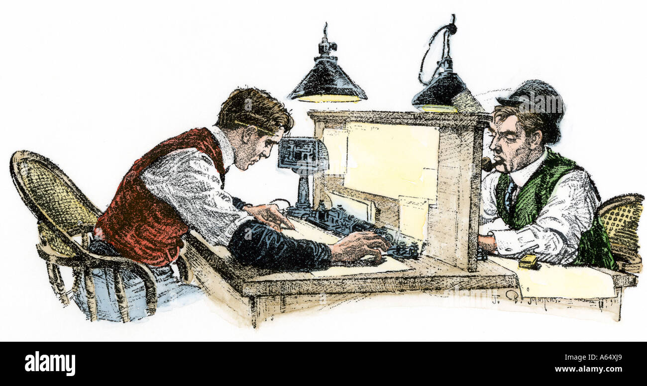 Les télégraphistes à un bureau du signal 1900s. À la main, gravure sur bois Banque D'Images