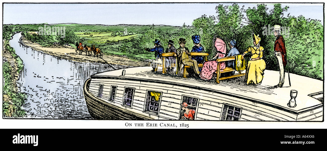 Les passagers bénéficiant d'un trajet sur un canal Érié barge remorquée par un mulet des années 1820. À la main, gravure sur bois Banque D'Images
