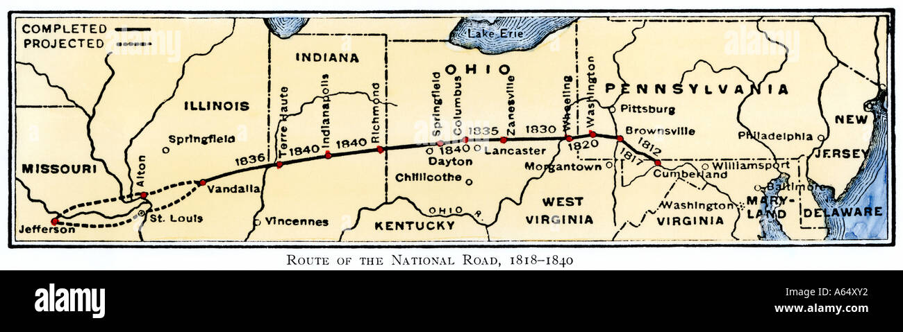 Plan de la route nationale de l'Illinois Maryland pour 1818 à1840. À la main, gravure sur bois Banque D'Images