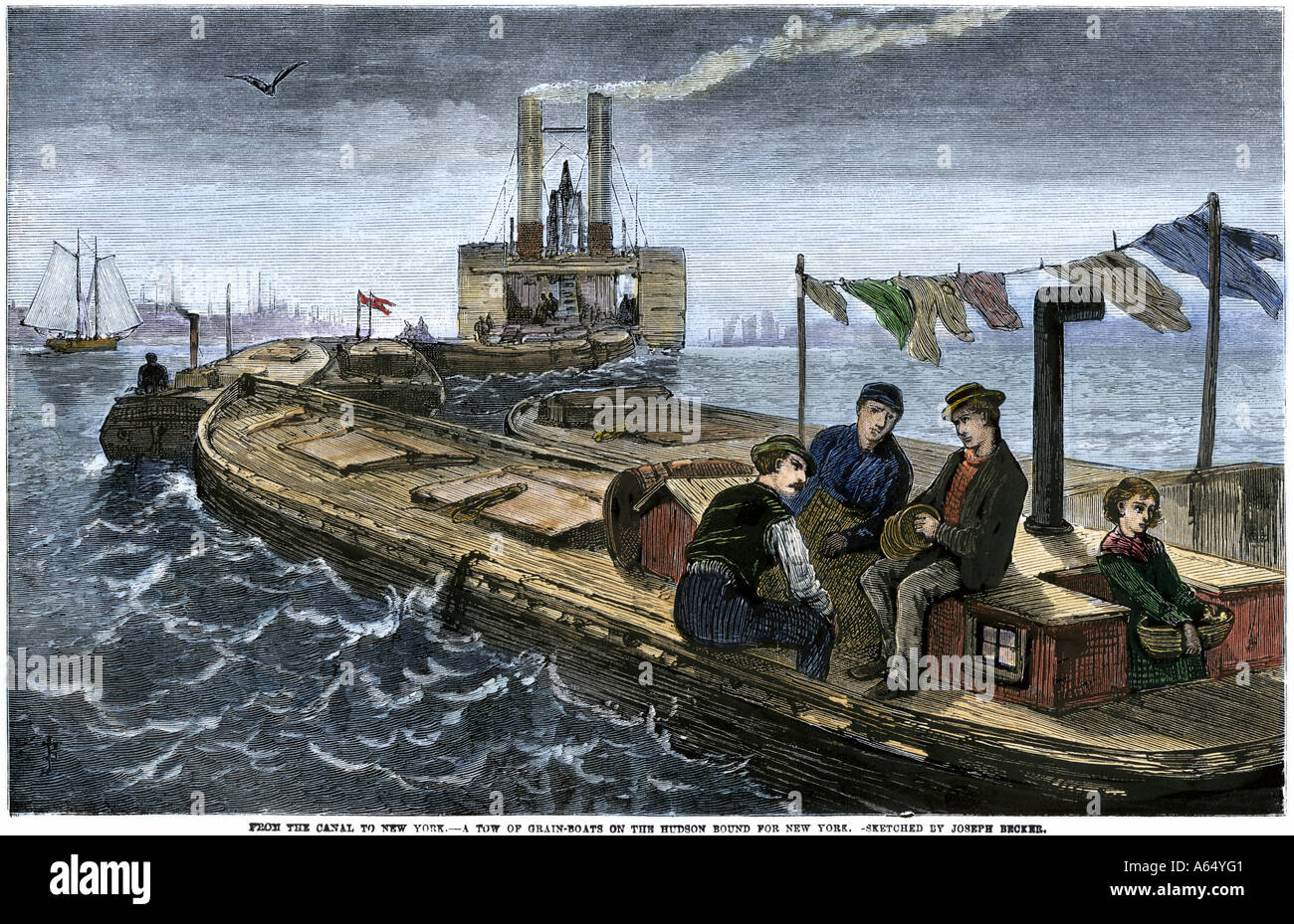 Erie Canal barges grain bas remorqué la rivière Hudson à New York City 1870. À la main, gravure sur bois Banque D'Images