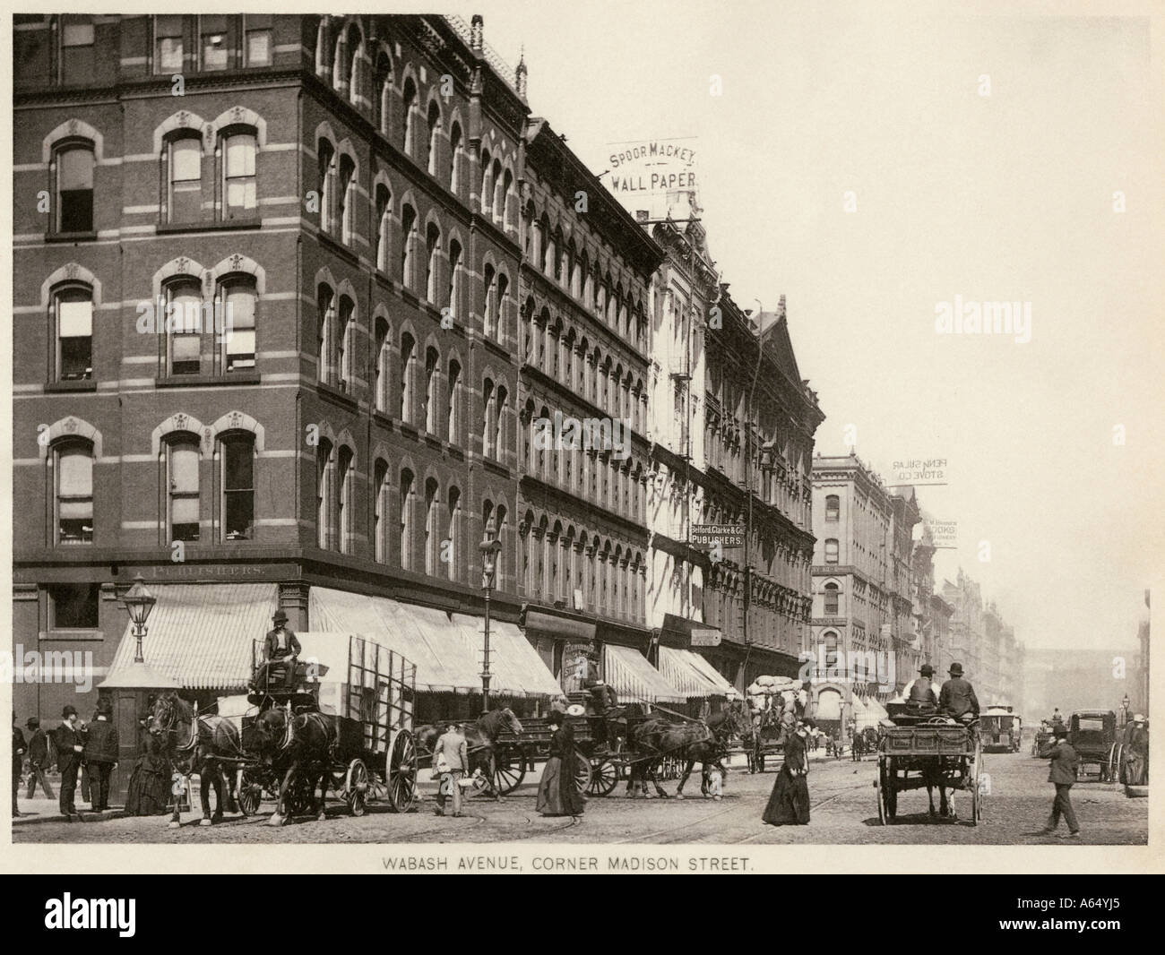Wabash Avenue à l'angle de Madison Street le centre-ville de Chicago des années 1890. Albertype Banque D'Images