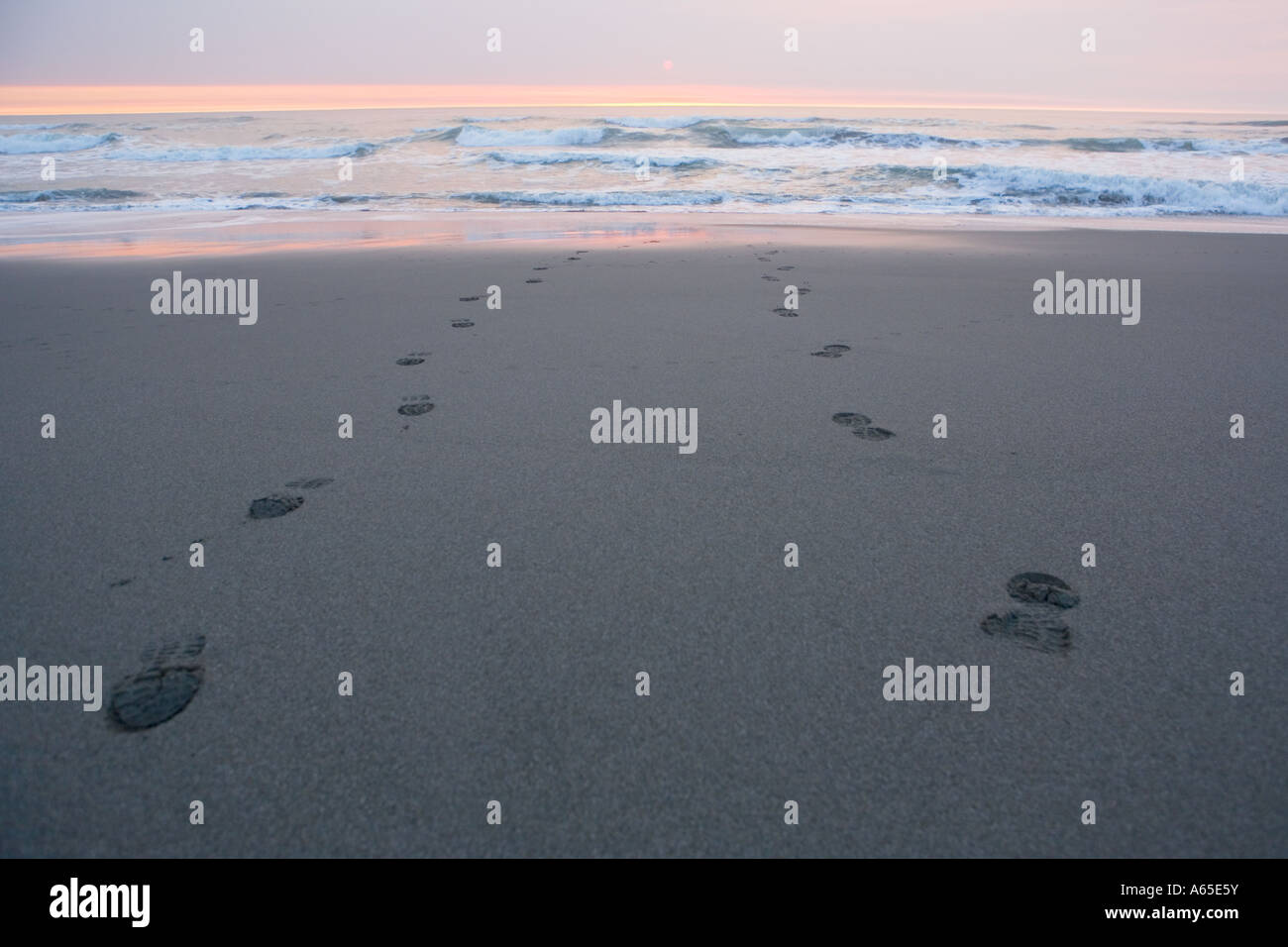 Service de tirages sur la plage de sable de l'océan Pacifique au coucher du soleil Banque D'Images