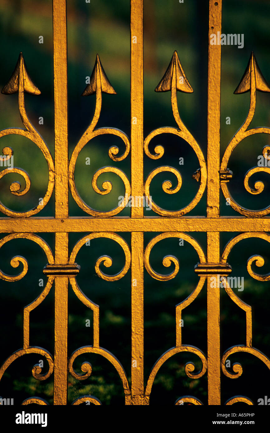 Lever du soleil de la lumière sur la porte de fer noir Domaine Carneros région de Carneros Napa County en Californie Banque D'Images