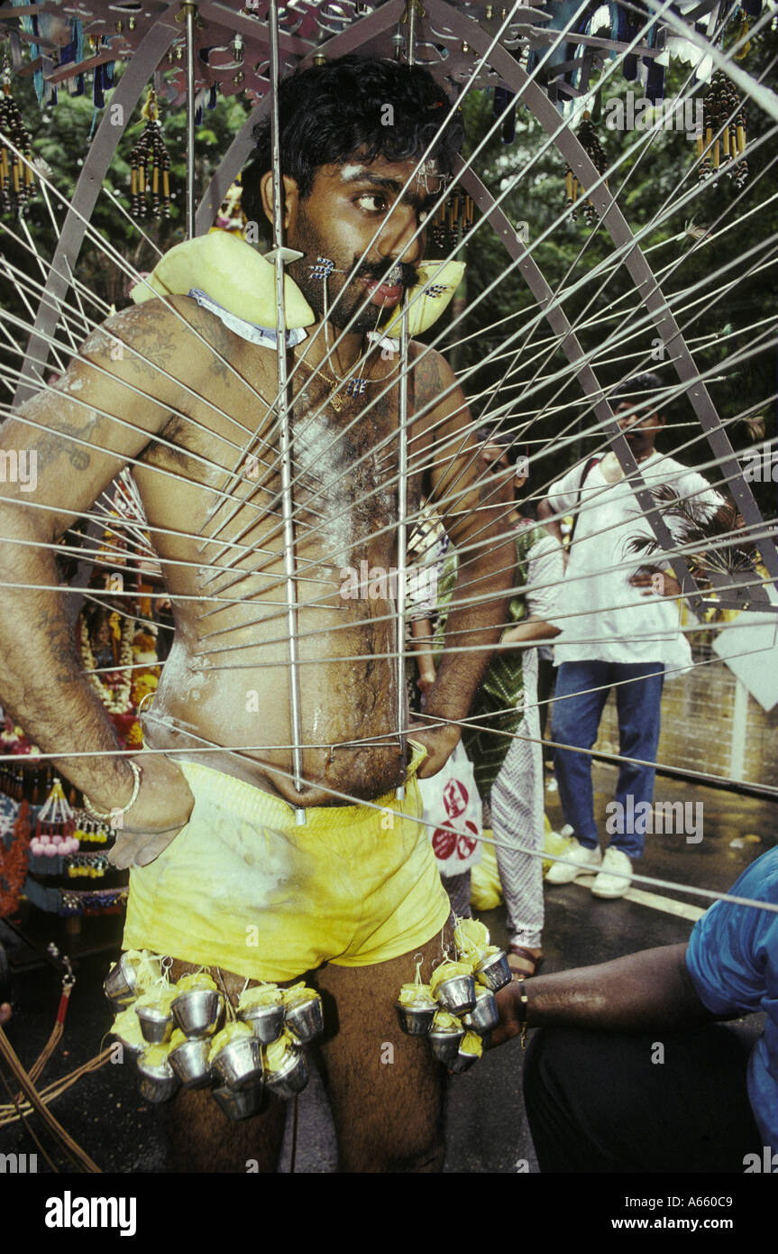 Thaipusam fête hindoue dans les rues de Singapour Les hommes montrent leur foi en perçant leur corps avec des crochets et pointes Banque D'Images