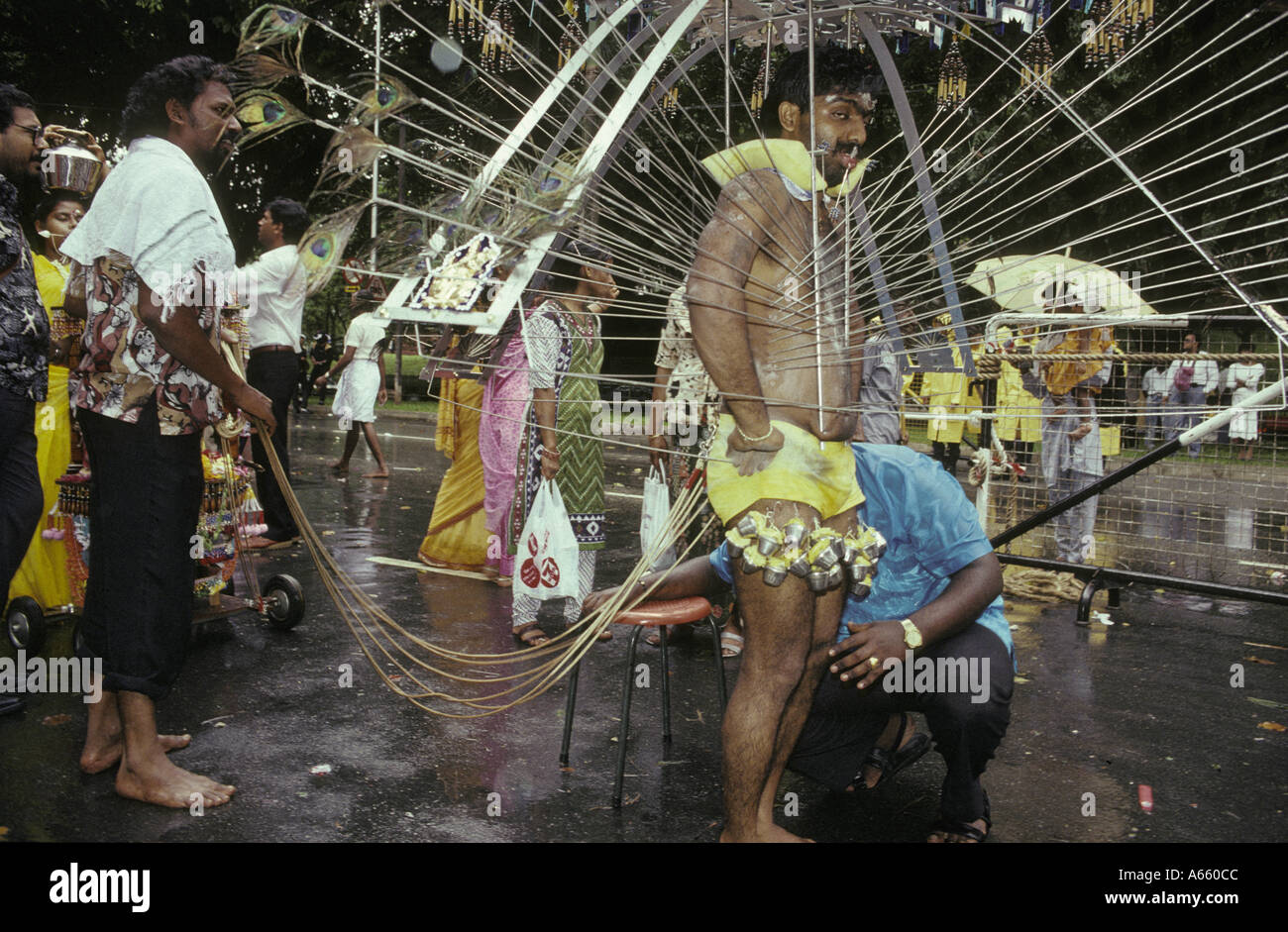 Thaipusam fête hindoue dans les rues de Singapour Les hommes montrent leur foi en perçant leur corps avec des crochets et pointes Banque D'Images