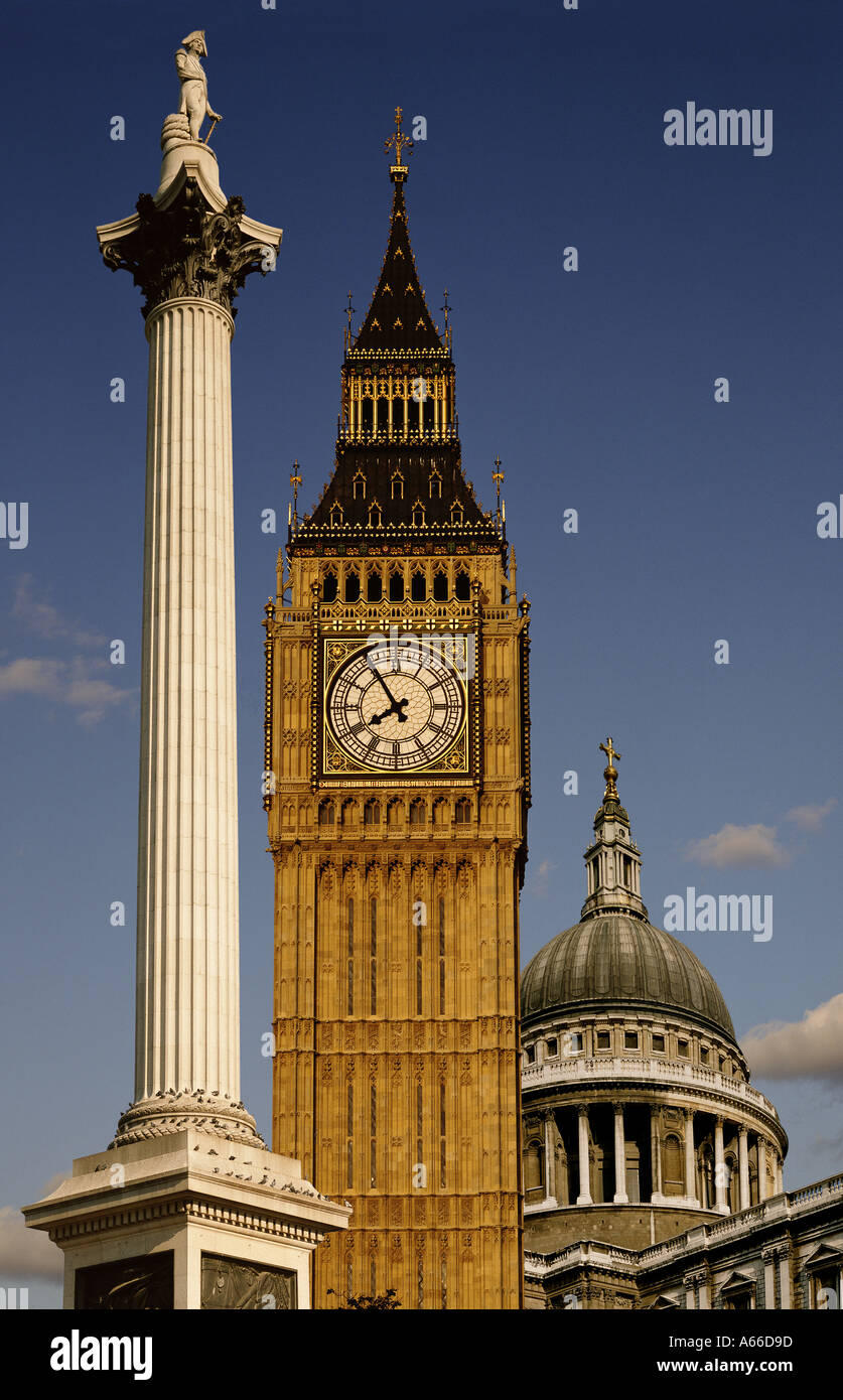 Londres. Montage de trois monuments célèbres. Nelsons Column, le Parlement et de la Cathédrale Saint-Paul. Banque D'Images