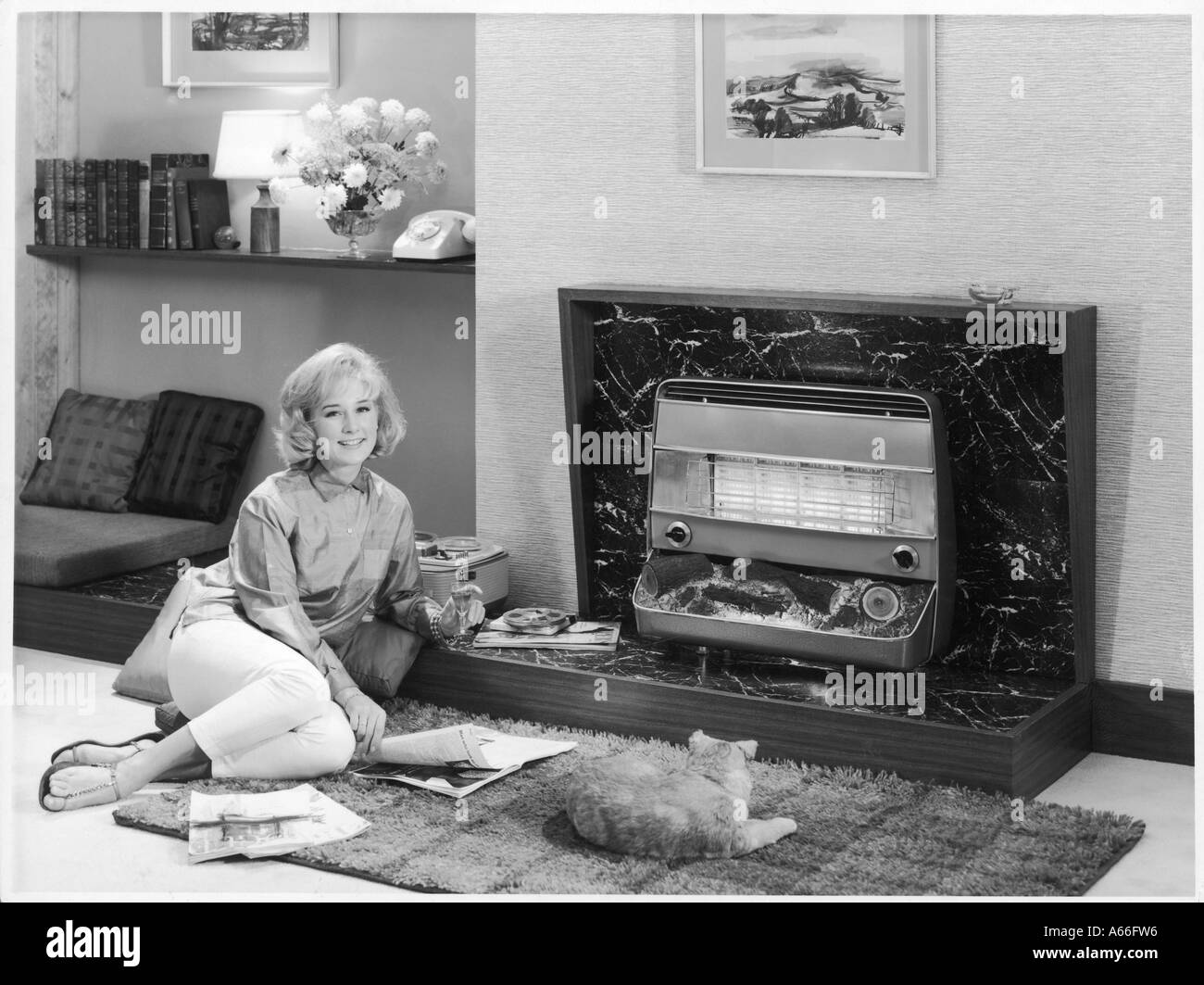 Foyer au gaz des années 1960 Banque D'Images