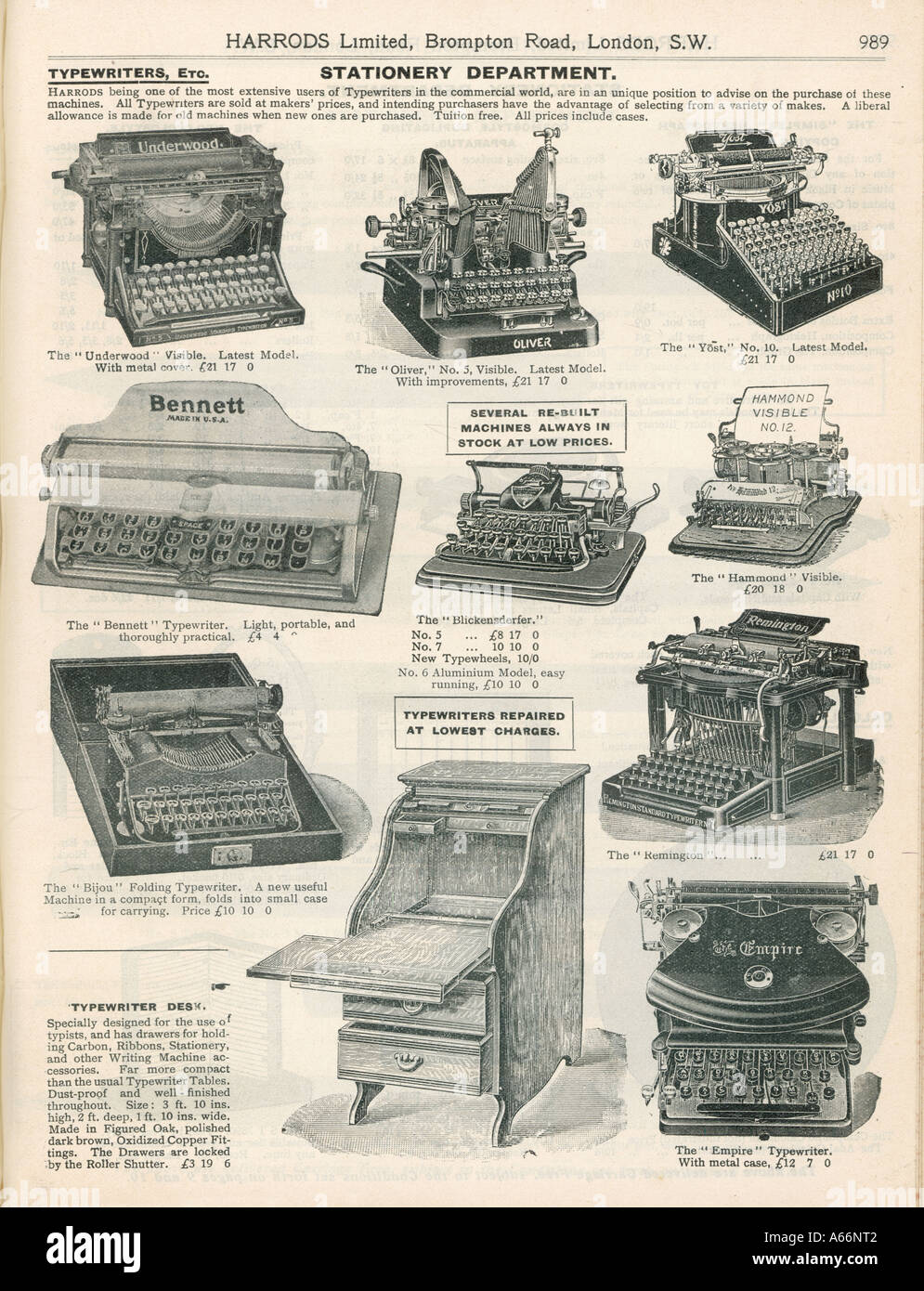 Les machines à écrire de 1909 Banque D'Images