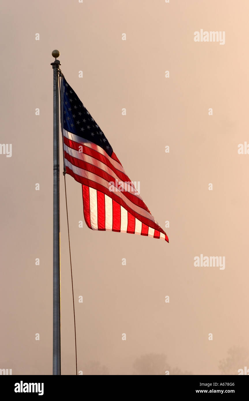 Drapeau américain sur perche contre ciel rose Banque D'Images