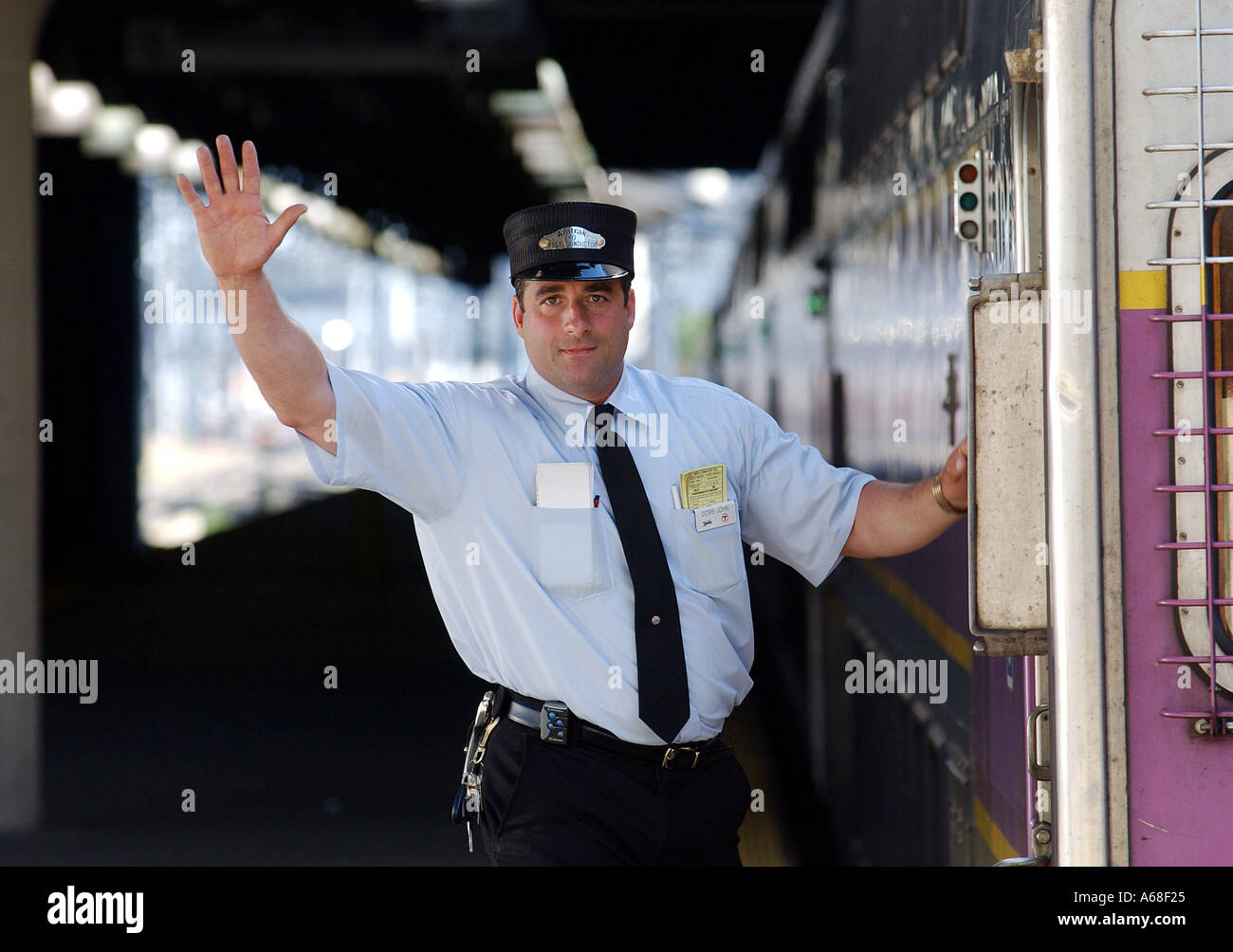 Chef de train départ signaux South Station Boston Banque D'Images