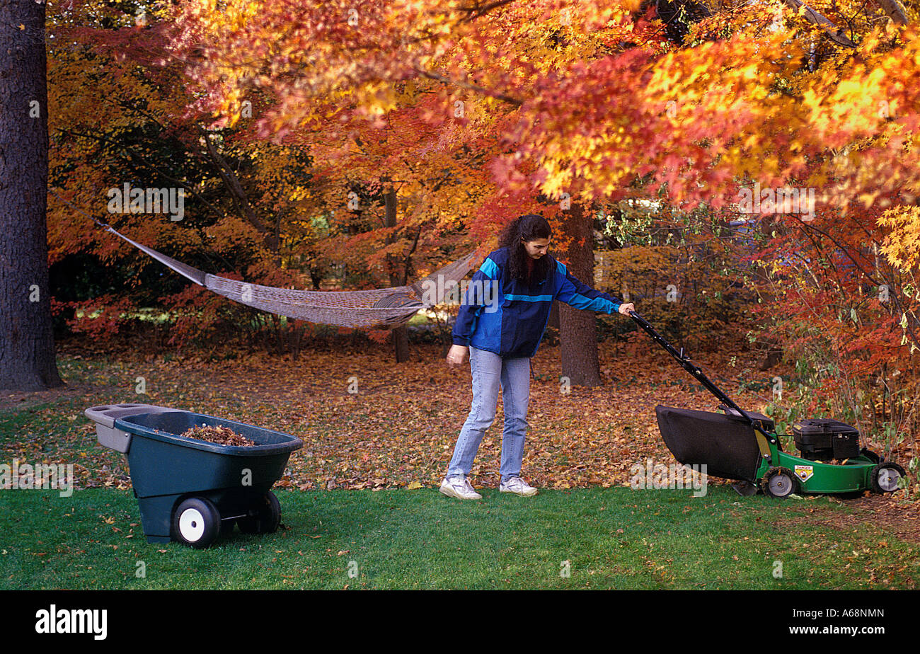 Coupe femme la pelouse en automne Banque D'Images