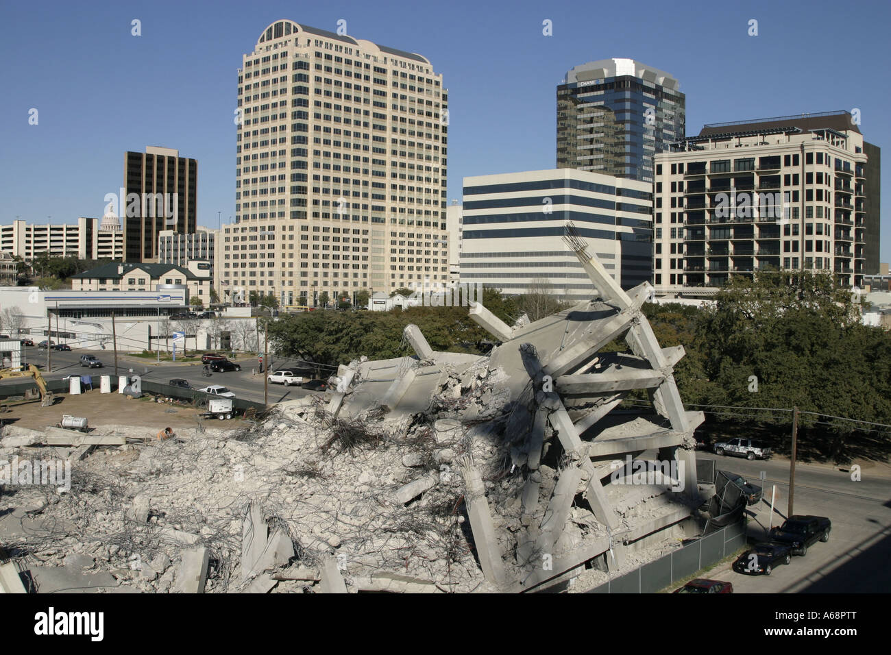 Les ruines de l'implosion de la centre-ville Bâtiment Intel à Austin, Texas Banque D'Images