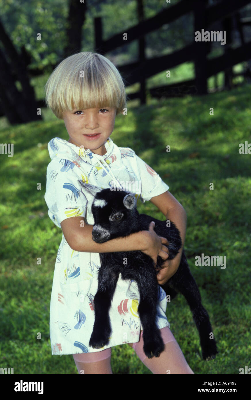 Deux enfants---- chèvre et des bébés et de leurs amis. Une jeune fille blonde de 5 ans tenant un bébé animal chèvre pygmée, Midwest USA Banque D'Images