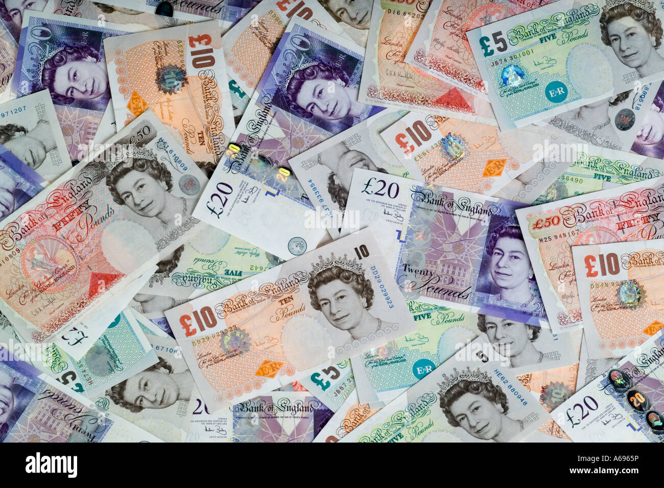 Tous les billets de banque britannique €5 €10 €20 €50 Banque D'Images