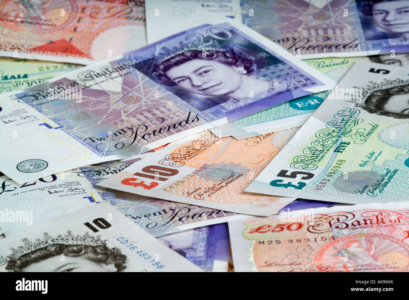 Tous les billets de banque britannique €5 €10 €20 €50 Banque D'Images