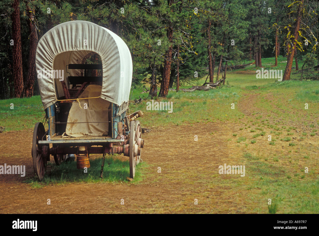 Wagon couvert sur l'ancien stage coach road à Blue Mountain Oregon Trail Crossing site d'interprétation de l'USFS l'Est de l'Oregon Banque D'Images