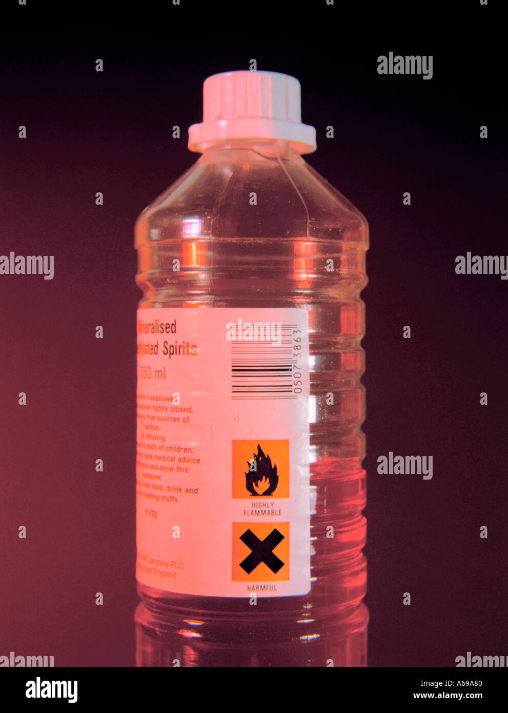 Bouchon de sécurité sur et des panneaux d'avertissement sur l'étiquette d'une bouteille en plastique contenant de l'alcool à brûler. Banque D'Images
