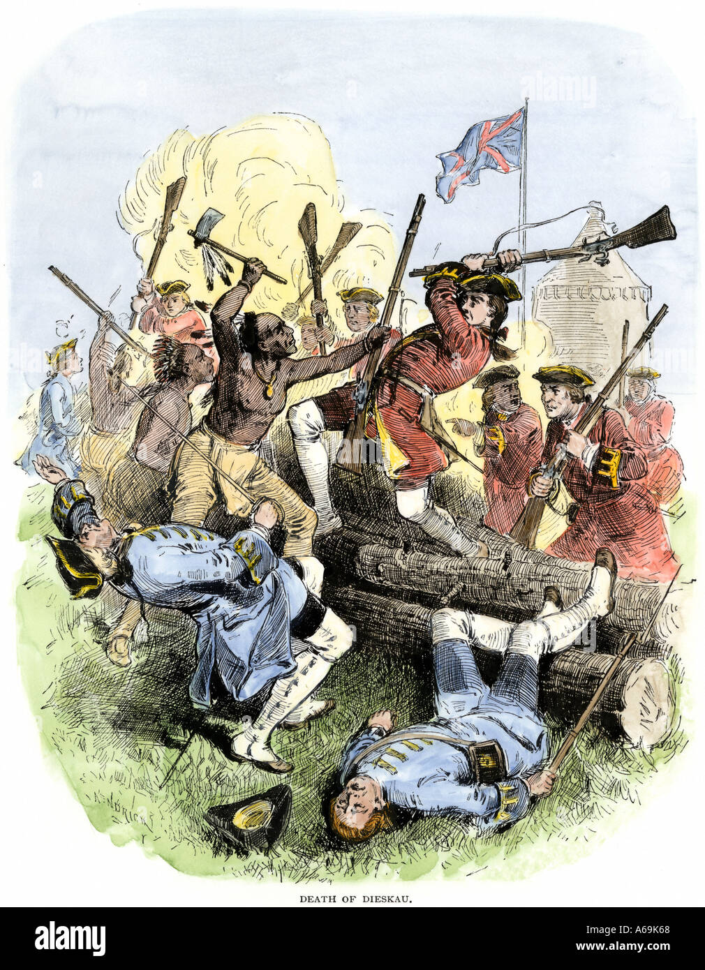 Armée anglaise dans une embuscade près de Lake George, New York pendant la guerre de 1755. À la main, gravure sur bois Banque D'Images