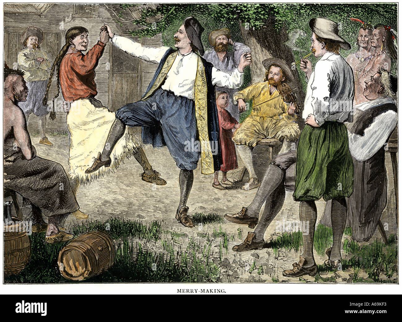 Les commerçants de fourrures français et amérindiens à danser à un rendez-vous dans les bois du nord. À la main, gravure sur bois Banque D'Images