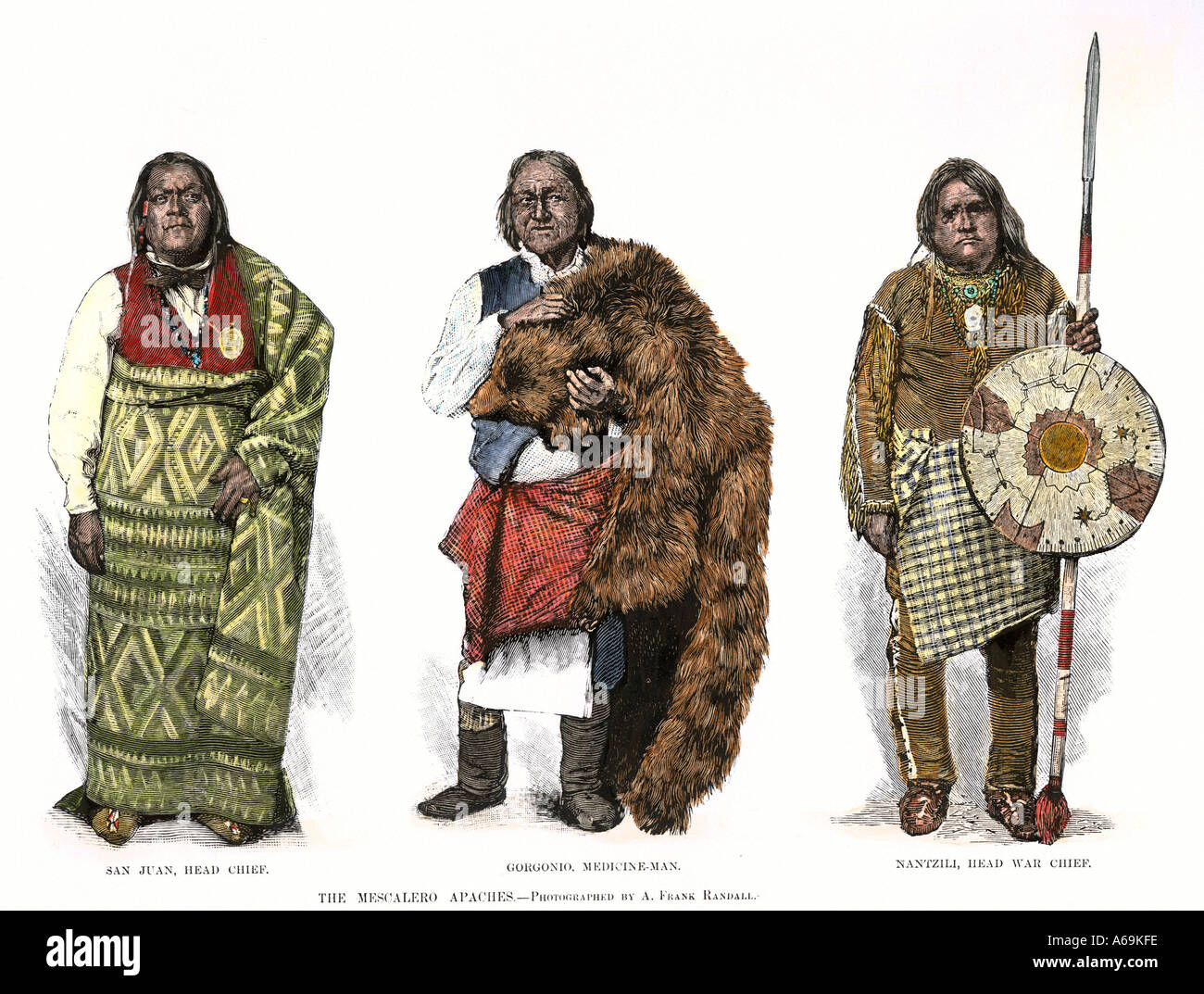 Chef apache Mescalero San Juan, Medicine Man, chef de guerre et Gorgonio Nantzili 1880. À la main, gravure sur bois Banque D'Images