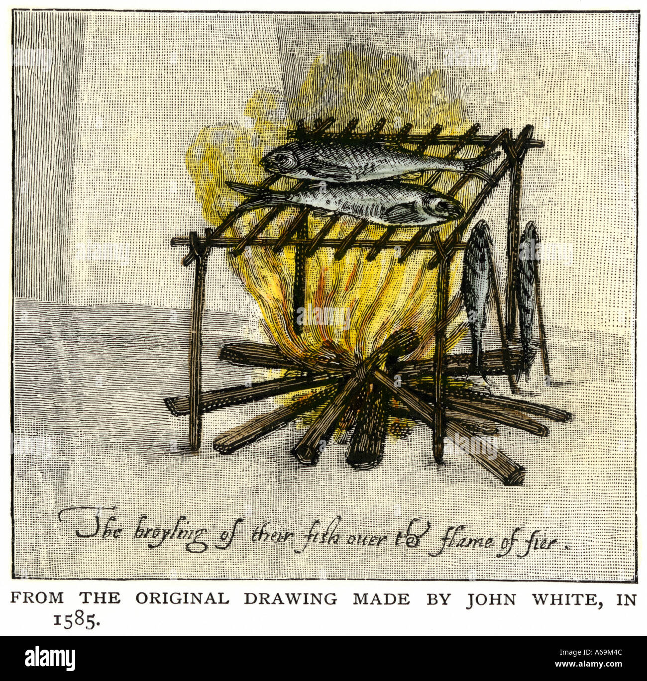 Native American façon de cuisiner les poissons l'île de Roanoke colonie de Virginie 1585. À la main, gravure sur bois, d'un John White illustration Banque D'Images