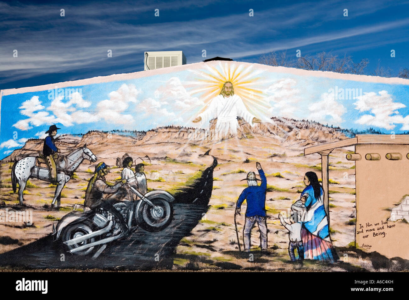 Peinture murale ornant la maison de Dieu vivant dans l'église Cuba Nouveau Mexique Le bâtiment est sur le Registre National des Endroits Historiques Banque D'Images