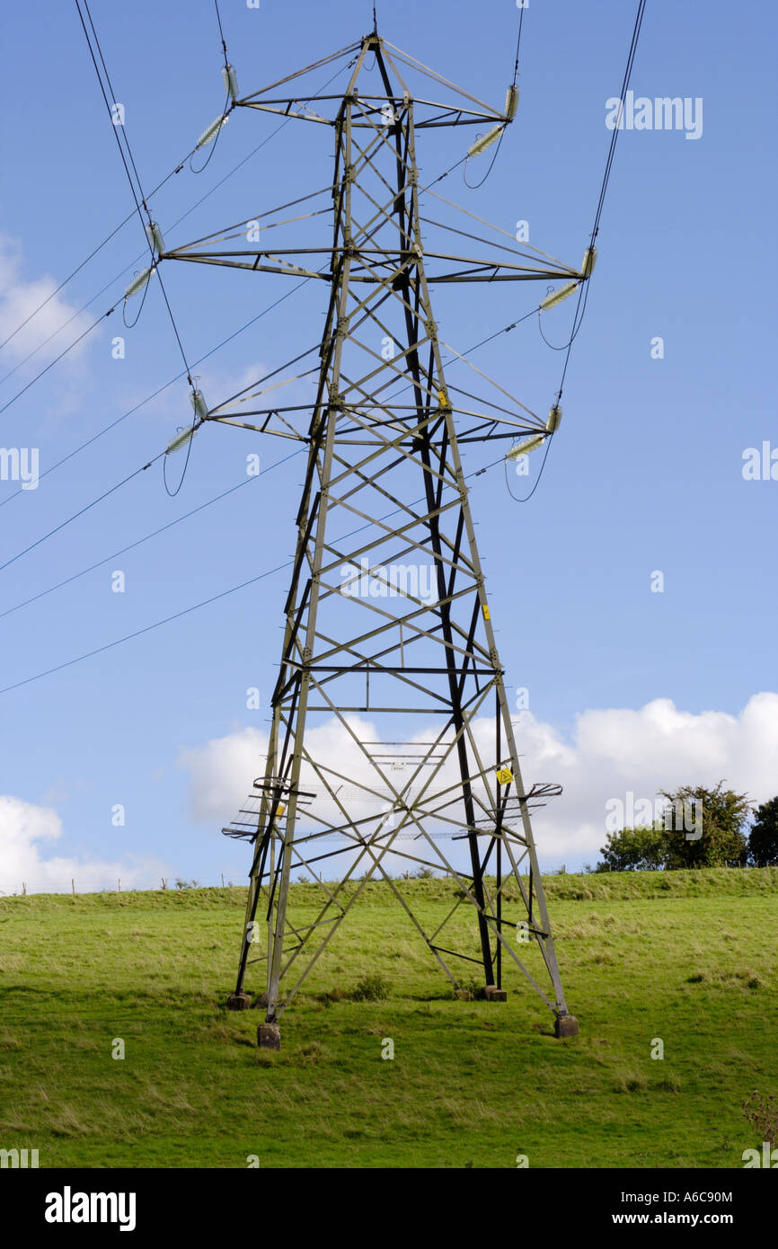 Pylône de l'électricité Comité permanent sur l'herbe contre un ciel bleu Banque D'Images