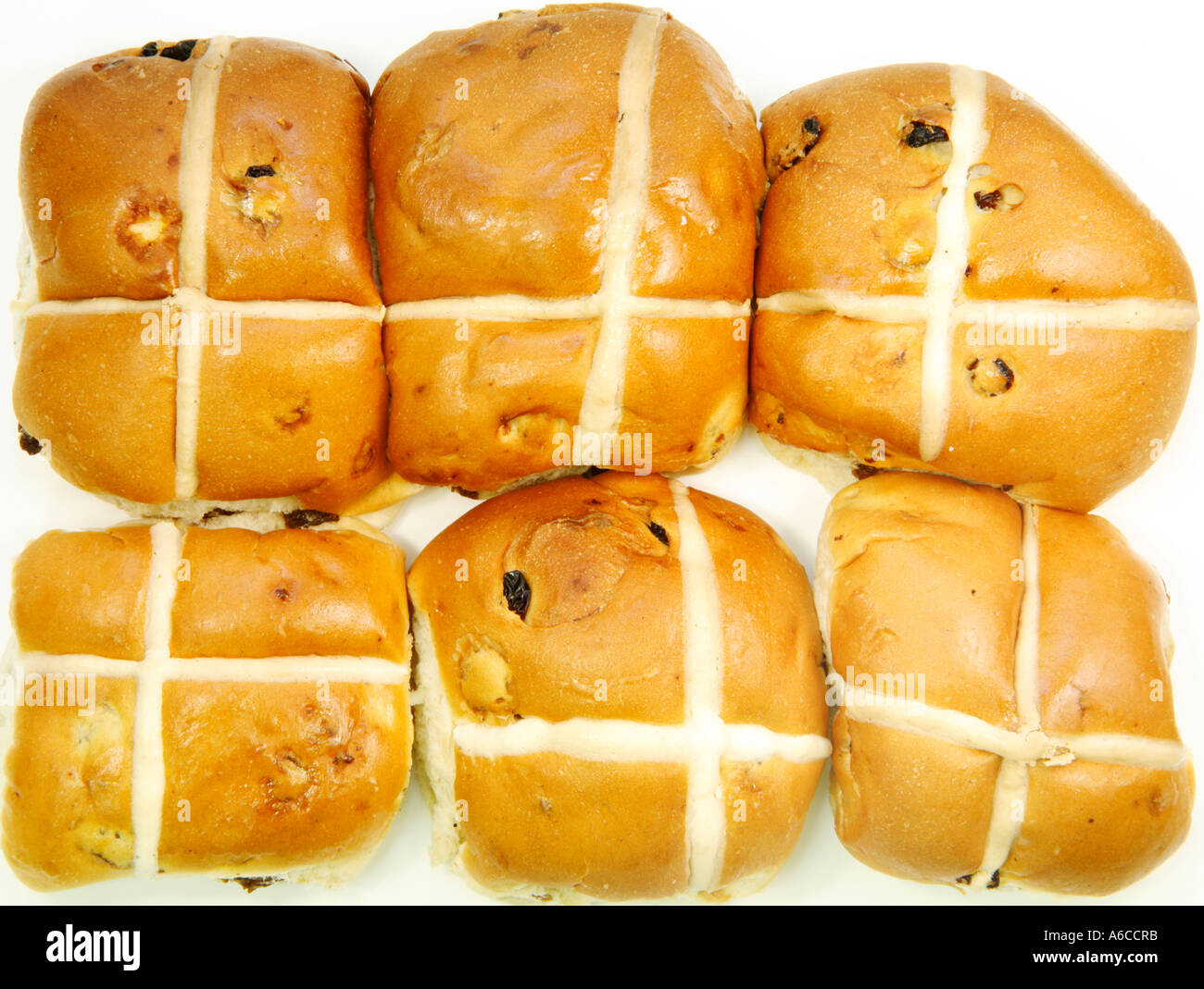 Une demi-douzaine de petits pains Hot Cross sur fond blanc Banque D'Images