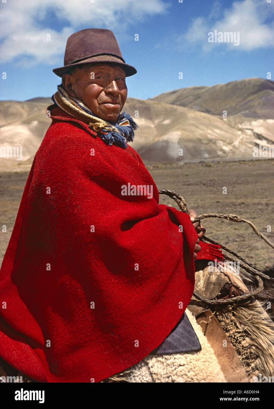 Berger en poncho rouge sur l'altiplano haute plaine EQUATEUR Banque D'Images