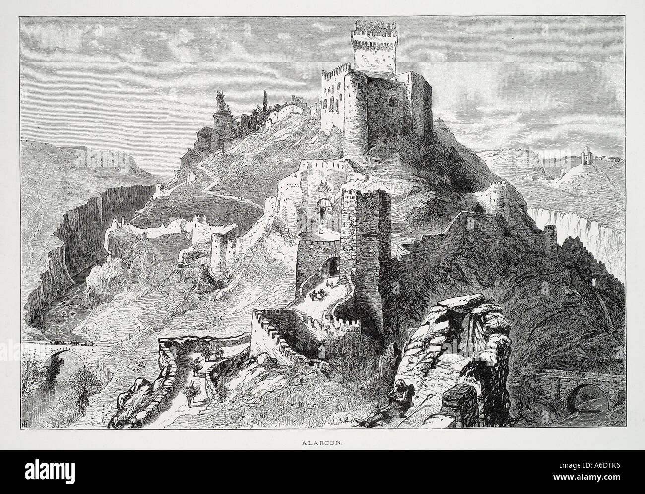 Alarcon Castille La Mancha Espagne Quenca ville fortifiée Jucar River Espana Europe Péninsule Ibérique mountain hill château fort Banque D'Images