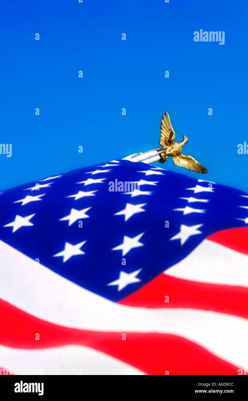 Drapeau américain sur poteau avec Aigle à tête drapeaux de la décolleteuse United States of America U S L'art du patriotisme Banque D'Images