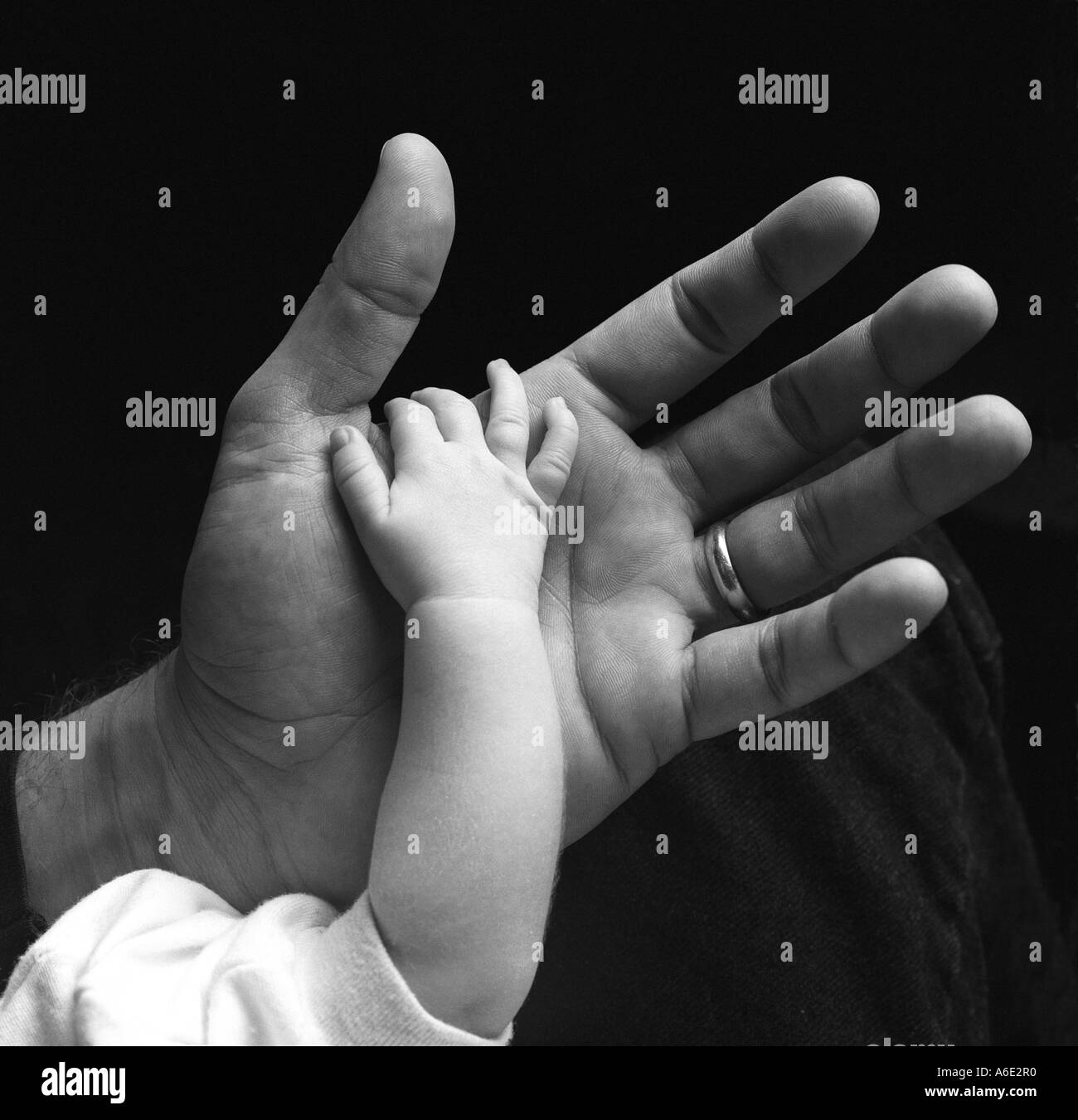 6 mois bébé filles main dans la main de son père Banque D'Images