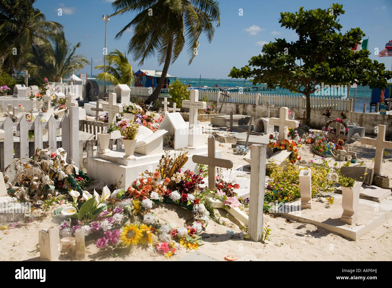 Ambergris Caye BELIZE cimetière près de plage palmiers les marqueurs les eaux des Caraïbes et des couronnes de fleurs Banque D'Images