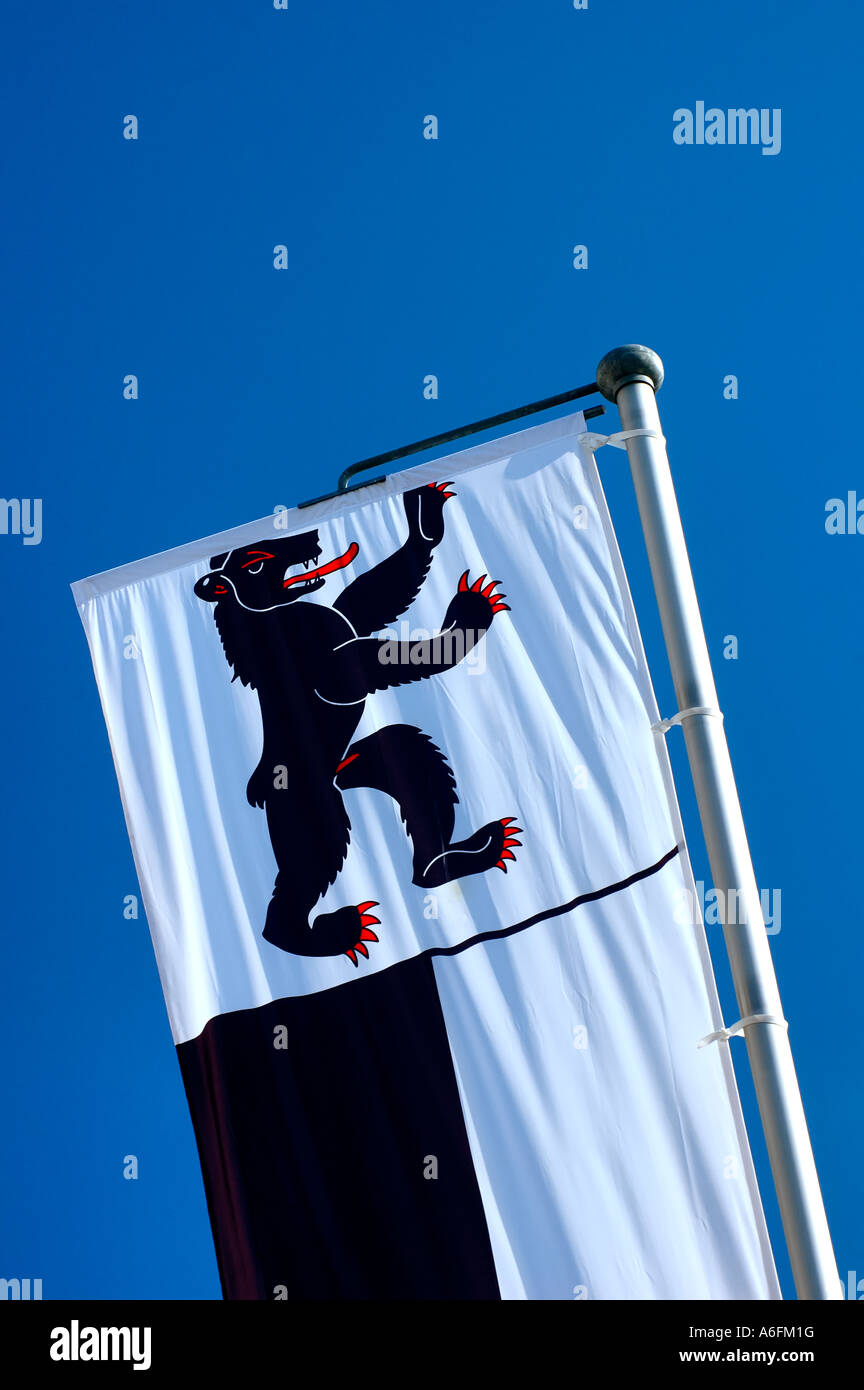 Drapeau du canton suisse d'Appenzell Rhodes-Intérieures contre un ciel bleu clair Banque D'Images