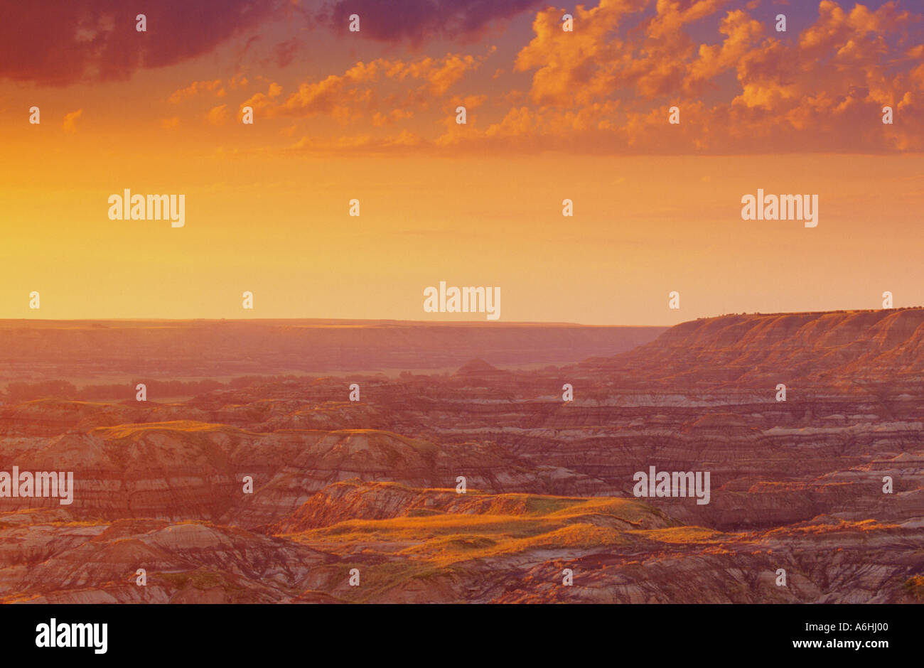 Le lever du soleil sur les badlands près de Drumheller en Alberta Banque D'Images