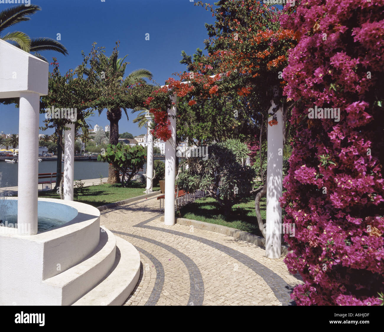 Le Portugal, l'algarve tavira, dans des jardins de fleurs par la rivière Banque D'Images