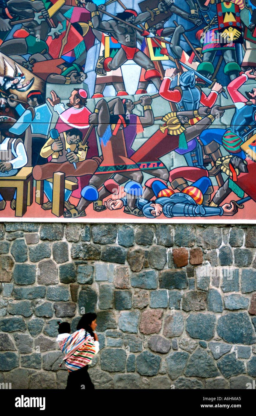 Peinture murale représentant la conquête espagnole.Cuzco.Pérou Banque D'Images