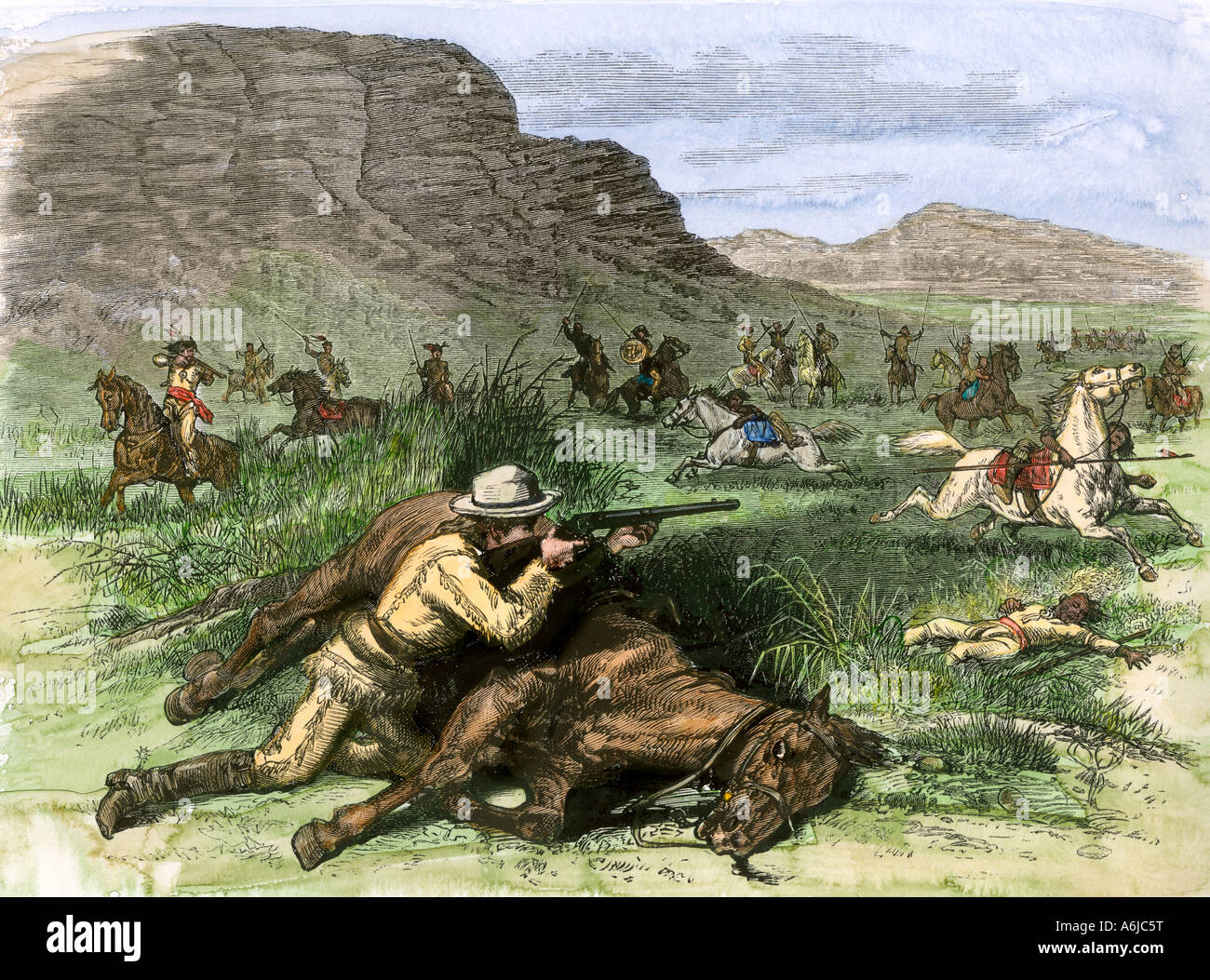 Scout pour le général Custer entouré par Arapahoes hostile dans les Black Hills 1874. À la main, gravure sur bois Banque D'Images
