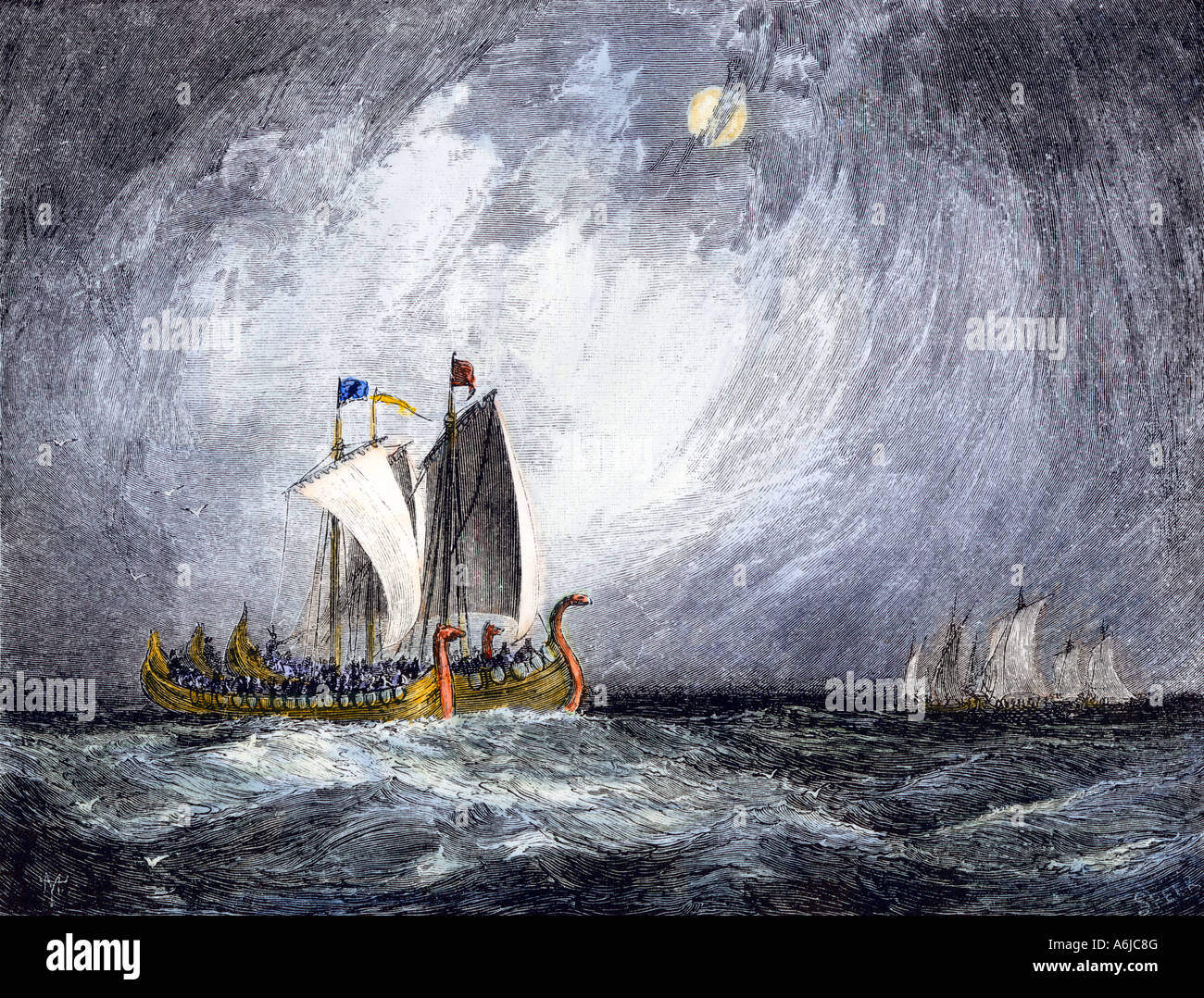 Flotte de bateaux vikings en mer. À la main, gravure sur bois Banque D'Images