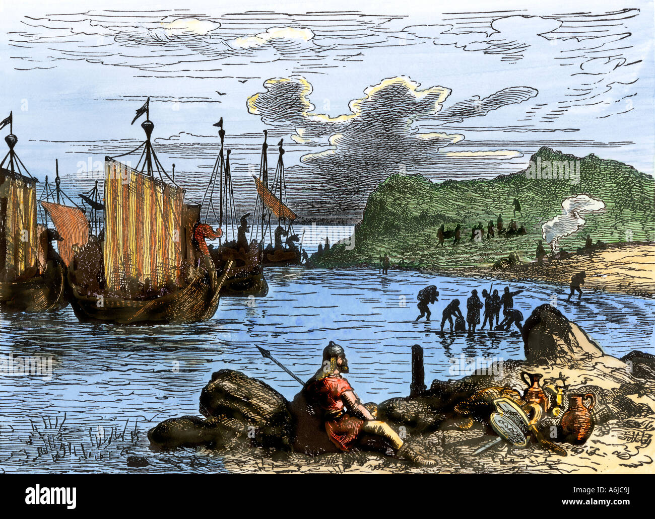 Envahisseurs de Norman Landing sur la côte anglaise en 1066. À la main, gravure sur bois Banque D'Images