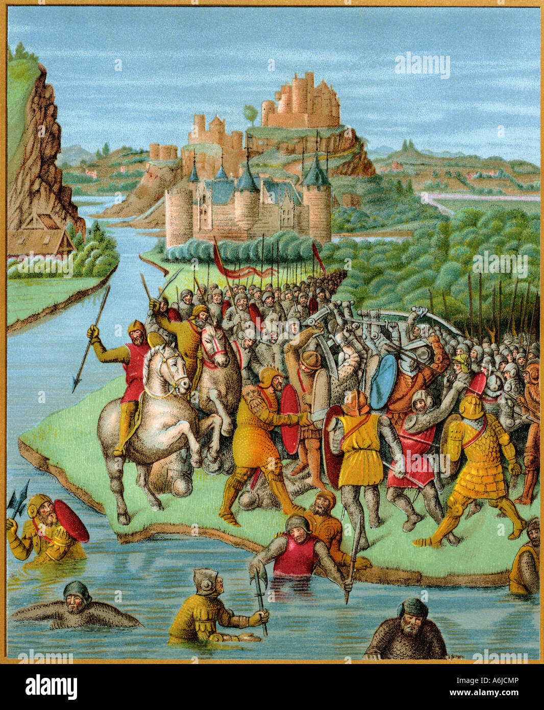 Jonathan luttant Baccide, à partir d'une traduction française de Josephus Histoire des Juifs, années 1400. Lithographie couleur Banque D'Images